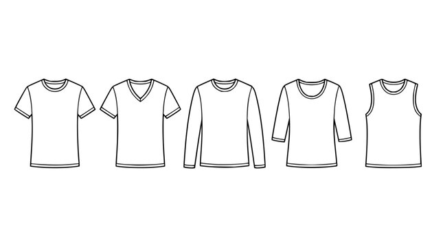 T-shirt set with various necklines featuring crew neck, v-neck, long sleeve, scoop neck and sleeveless shirt with flat design and line art