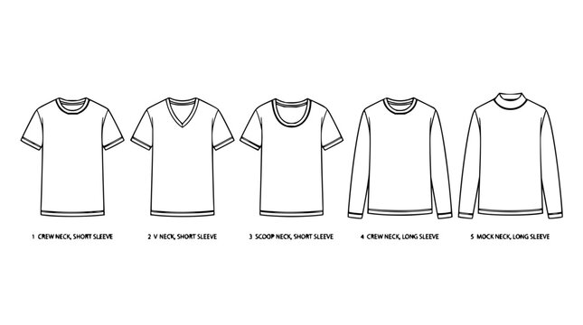 T-shirt set with various necklines featuring crew neck, v-neck, scoop neck, mock neck with short sleeves and long sleeves