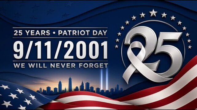Patriot Day September 11 25th Anniversary Memorial Tribute with American Flag, Silver Ribbon and New York Skyline