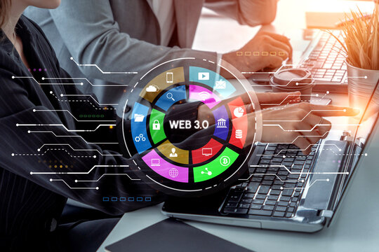 Modern Digital Workspace Concept with Web 3.0 Icons Representing Innovation, Connectivity, and Technology in a Business Environment. Entropy.