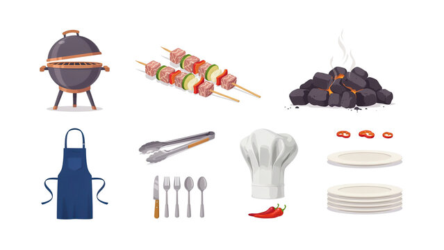 BBQ grill set with skewers charcoal apron utensils vector illustration