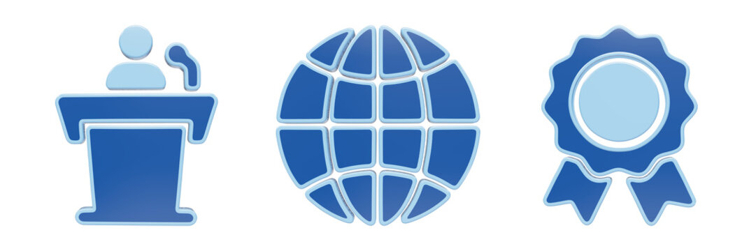 Trio of blue podium globe and award ribbon glassmorphism icons