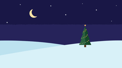 Naklejka premium Minimalist christmas tree in a snowy landscape at night with moon and stars