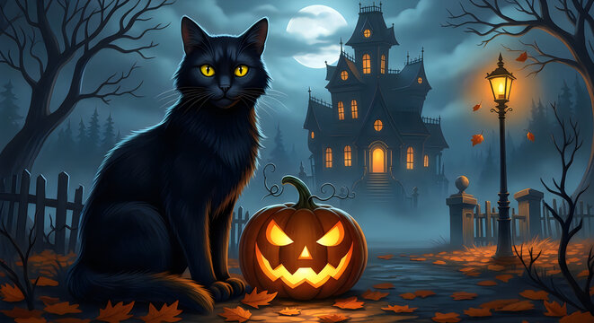Spooky halloween scene with black cat haunted house and jackolantern in a dark night setting