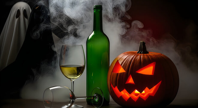 Halloween still life with glowing jackolantern wine glass and ghostly apparition