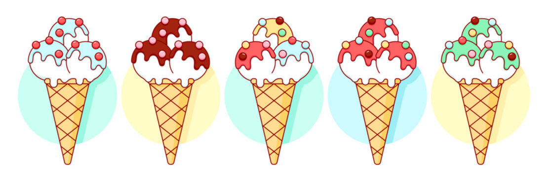 Ice cream scoop, popsicle set. Vanilla ice cream scoop, waffle cone, fruit popsicle color set. Delicious ice cream collection. Tasty summer dessert, icon set, menu, food design. Vector Illustration