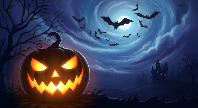 Spooky halloween scene with jackolantern bats and haunted house under a full moon