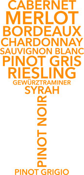Arrangement of wine variety names in a vertical orange word cloud funny animal emoji