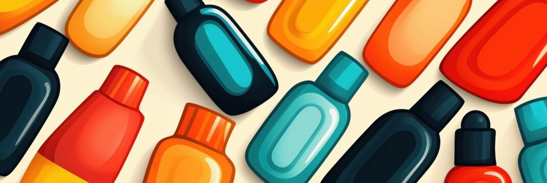 Assorted colorful bottles on light background, various shapes and sizes, top view