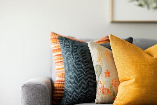 Colorful decorative cushions on gray sofa, home interior styling, soft fabric