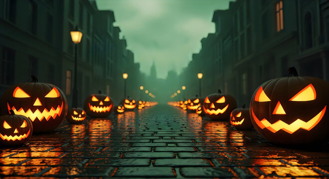 Spooky halloween street lined with glowing jackolanterns and illuminated lampposts at dusk