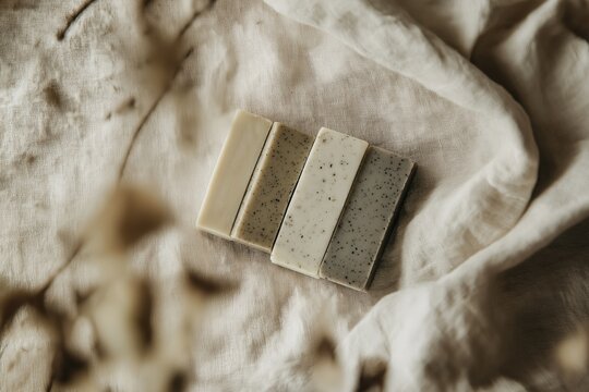 Handmade natural soap bars on linen cloth with green plant leaf nearby