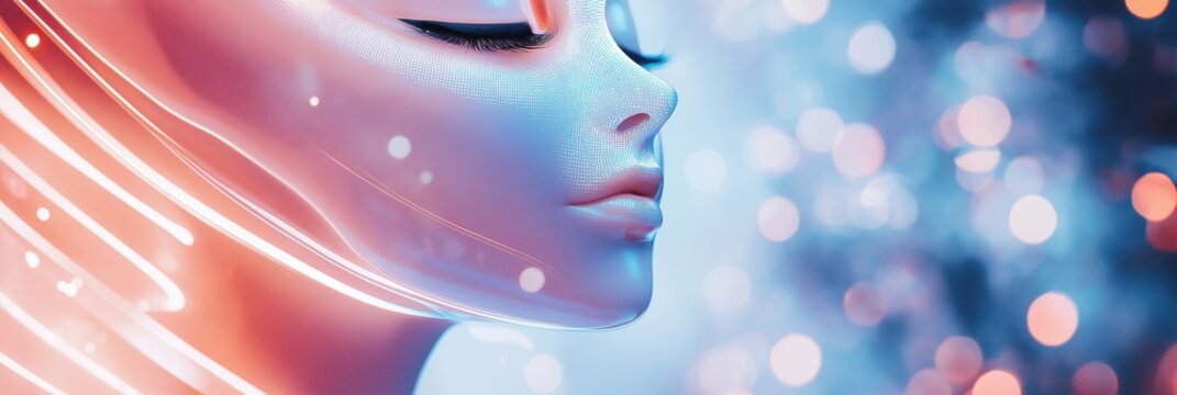 Woman with digital beauty mask, abstract shapes and shifting lig