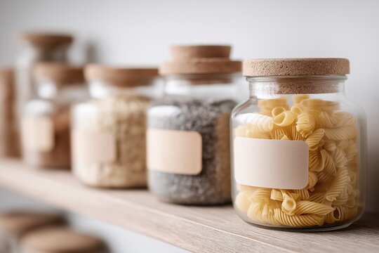 Glass jars with cork lids containing pasta and dry food ingredients on wooden kitchen shelf