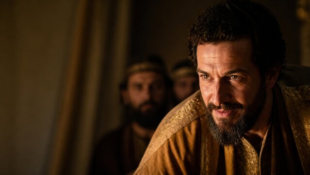Close portrait of man as king Herod leaning forward with eager curiosity. Biblical gospel scene before Jesus arrival in Jerusalem