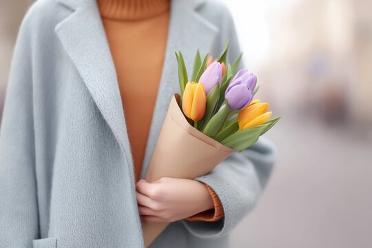 Woman in light blue coat and orange sweater holding a beautiful bouquet of yellow and purple tulip wrapped in brown paper, outdoor on a spring day