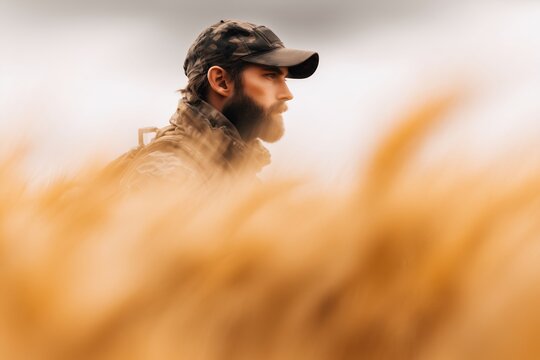 Male camouflaged soldier wearing tactical gear standing in vast golden wheat field, looking to side