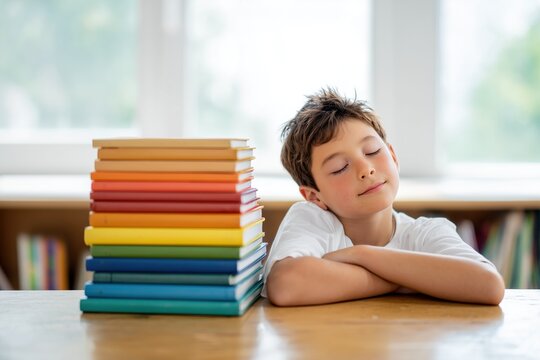 Young boy resting head on arms, eyes closed, next to stack of colorful books at wooden table, concept of education and childhood