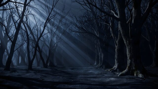 Spooky dark forest at night with moonlight rays shining through bare trees for Halloween