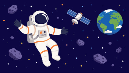 Fototapeta premium Astronaut Floating in Outer Space with Satellite and Earth Planet Illustration