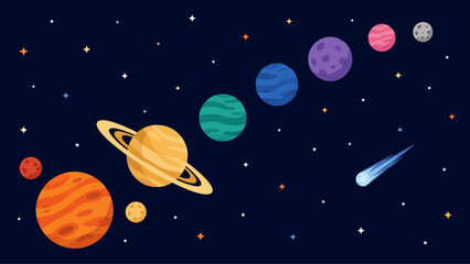 Solar system illustration featuring colorful planets in deep space with glowing stars and a streaking comet on a dark blue background vector © MuhammadHaris