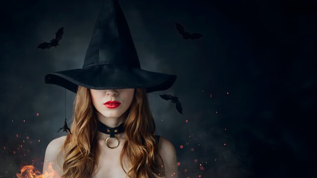 Young woman in witch hat with red lips for Halloween holiday celebration and magic concept