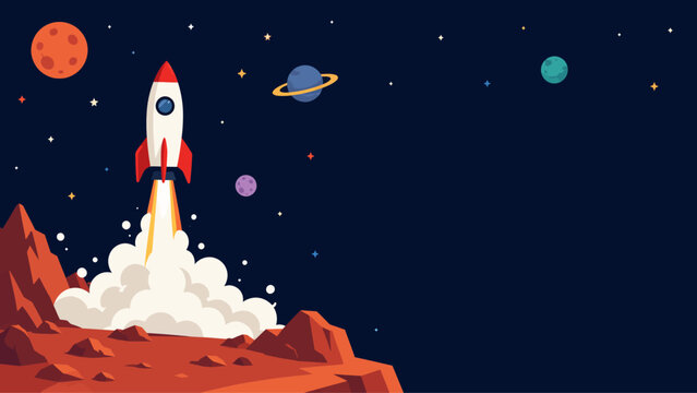 Spaceship launching from planet surface into deep space with colorful planets and starry night background