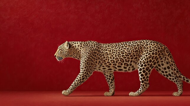 A leopard walking on a red background