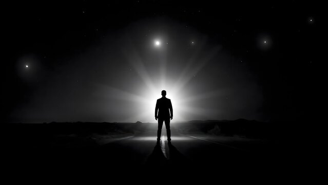 Silhouette of a man standing against a bright light source in a dark night landscape