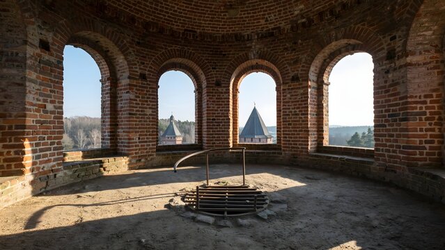 Old brick tower interior with arched windows and view of medieval castle spires