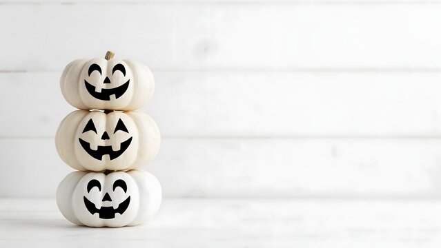 Stack of three white Halloween pumpkins with carved jack o lantern faces on white wood