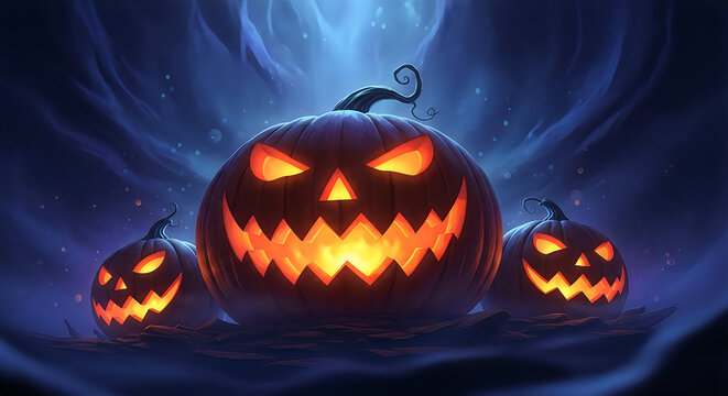 Glowing jackolanterns illuminate a spooky halloween night with dark blue and purple tones