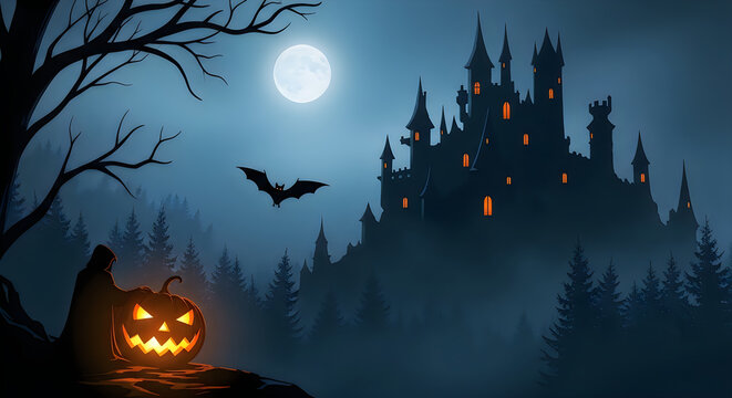 Spooky halloween castle silhouette with jackolantern and bats against a full moon backdrop