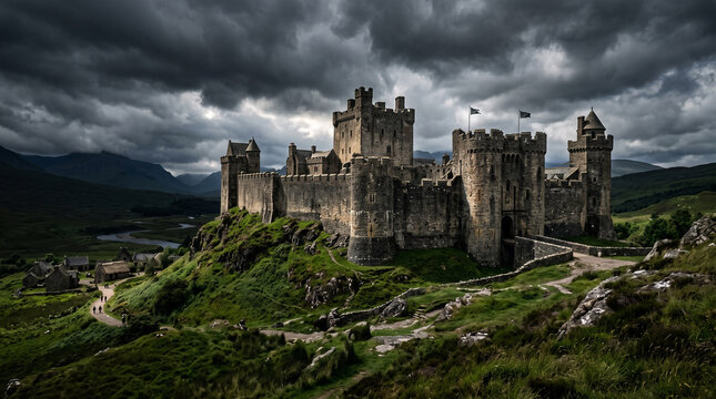Majestic ancient European medieval castle fortress with stone walls, towers and gatehouse standing on lush green hilltop , flags flying on turrets, dramatic cloudy sky overhead,
