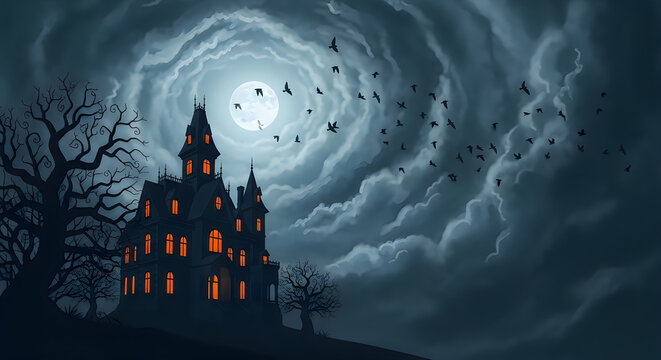 Spooky haunted castle illustration with full moon and silhouetted birds against a swirling night sky