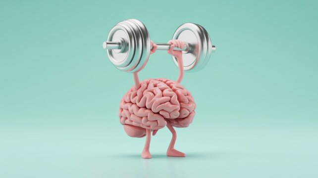3d of a pink human brain character lifting a heavy silver dumbbell weight isolated on a soft pastel green background, representing mental strength, and fitness