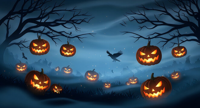Spooky halloween night scene with glowing jackolanterns and a flying raven in a dark forest