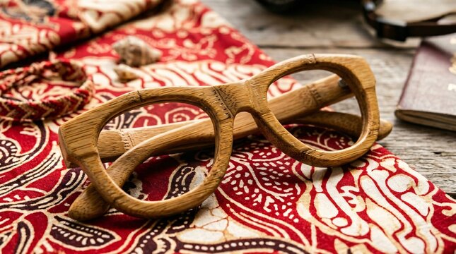 Wooden glasses on patterned fabric with travel items