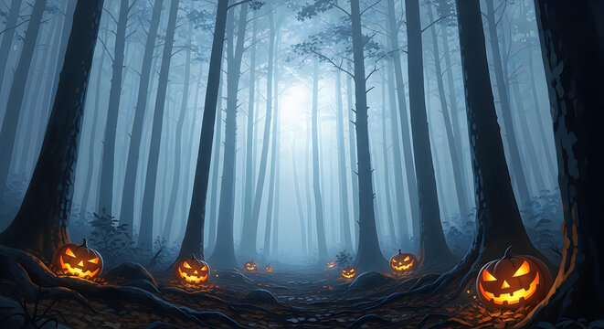 Mysterious halloween forest with illuminated jackolanterns and dense fog creating a spooky atmosphere