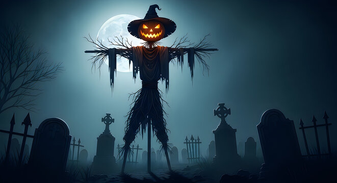 Spooky halloween scarecrow standing in a graveyard under a full moon illustration