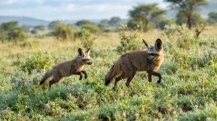 Naklejka premium Bat-Eared Foxes in African Savanna: Two adorable bat-eared foxes, with their characteristically large ears, navigate the grassy savanna under the soft morning light.