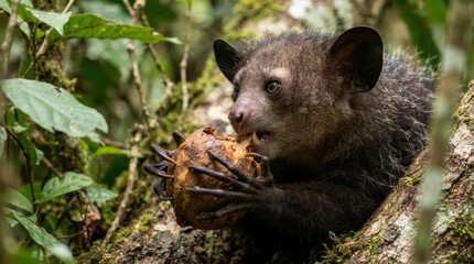 Naklejka premium Aye-aye in its natural habitat eating a fruit: A unique aye-aye with its characteristic large ears and long, slender fingers is perched on a tree branch, skillfully cracking open and eating a fruit.