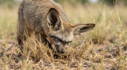 Naklejka premium Bat-Eared Fox Forages in Dry Grassland: A wild bat-eared fox with large ears and a grizzled coat hunts for insects in a dry, grassy savanna.