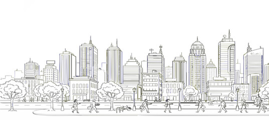 Naklejka premium Hand drawn city skyline sketch with people walking on street in urban downtown area
