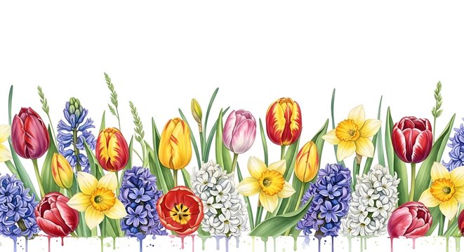Watercolor spring flowers border with tulips, daffodils and hyacinths on white background
