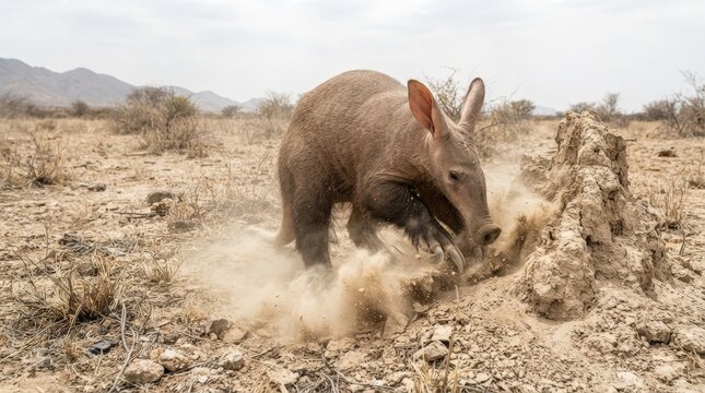 Aardvark Digging in Dry Earth: An aardvark powerfully digs a hole in the dry, dusty terrain, its snout and paws creating a cloud of soil in a harsh, arid environment.
