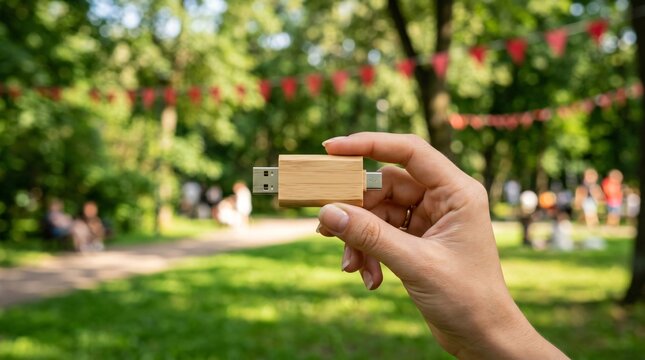 Hand holding wooden usb drive in park