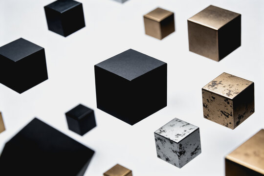 A collection of metal cubes in varying sizes, colors and textures arranged on a plain white background.