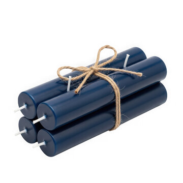 A bundle of dark blue candles tied with twine