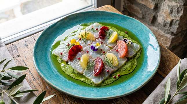 Translucent sea bream carpaccio beautifully arranged with citrus and pink peppercorns on a turquoise plate. A refreshing gourmet appetizer at an elite Paros restaurant.
